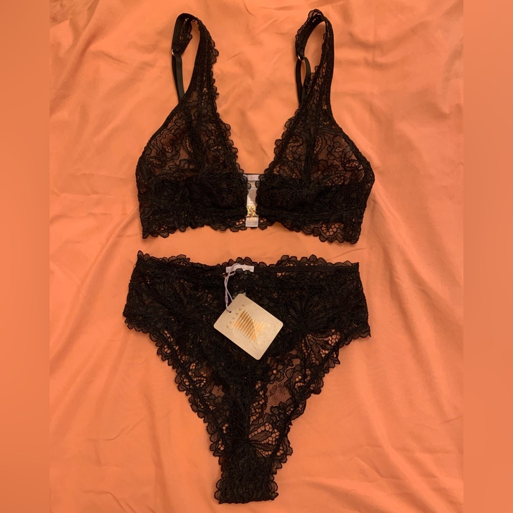 Savage X Fenty Black Lace Intimates Bra and Thong Set